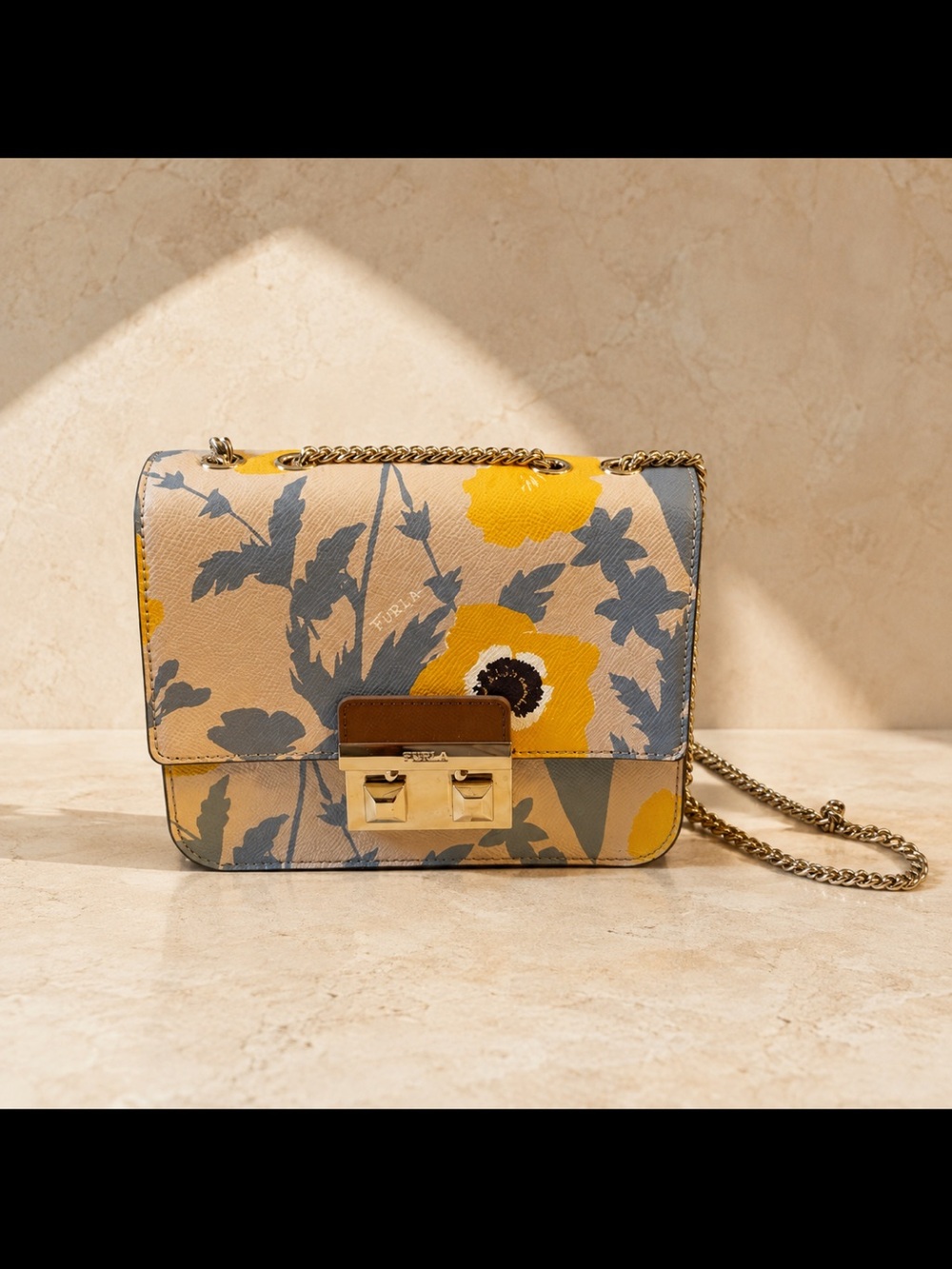 Furla Floral Chain Crossbody in Yellow, Gray and Cream